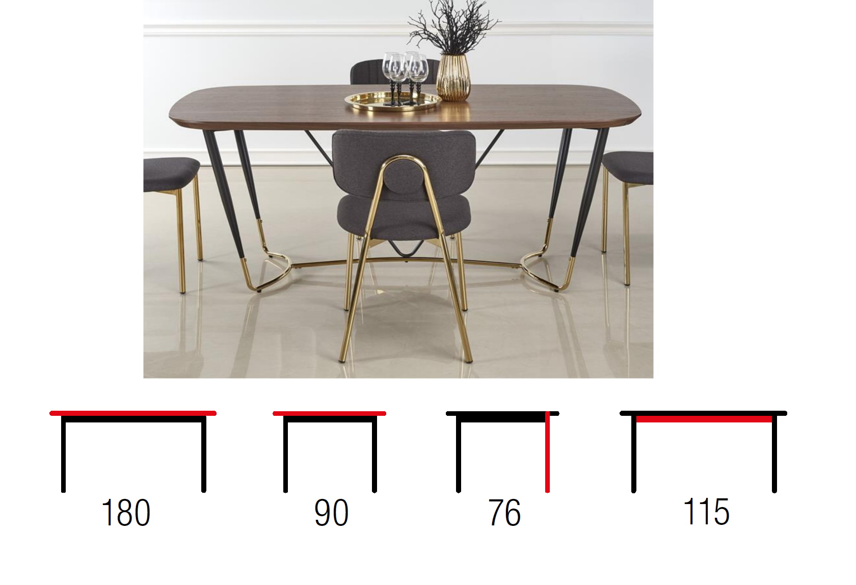 stół do salonu ze złotym stelażem manchester, wymiary